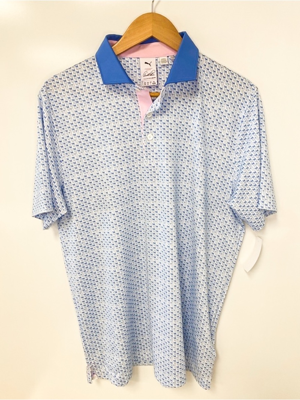 Puma Men’s Light Blue Printed Polo with Blue Collar and Pink Placket